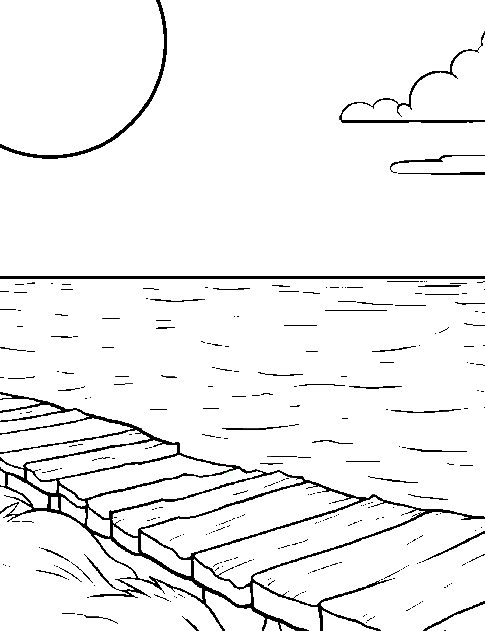 Fishing Pier at Dawn Ocean Coloring Page - An early morning scene with a small fishing pier and a calm ocean.