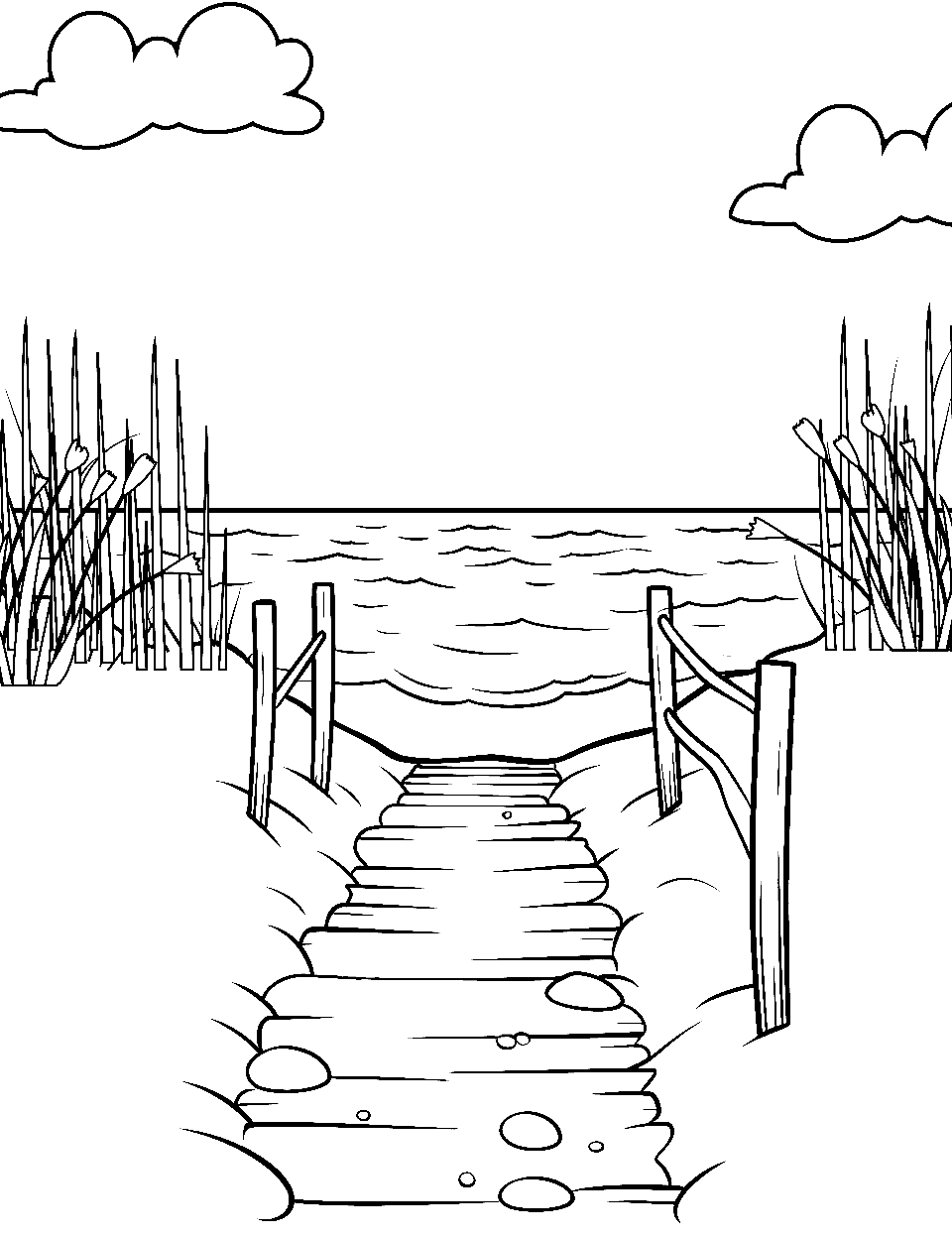 Sandy Beach Pathway Ocean Coloring Page - A pathway leading through the sand to the ocean.