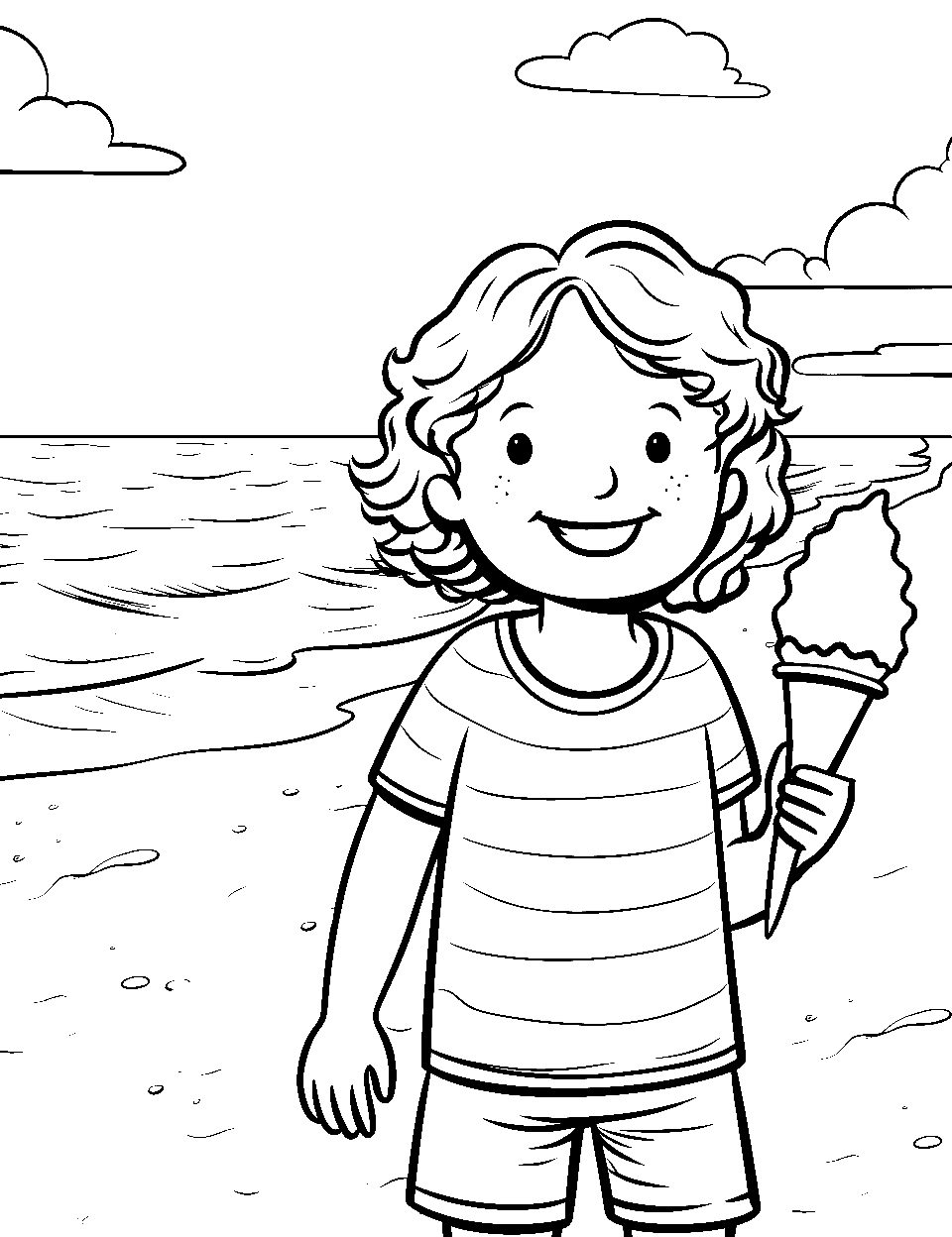Ice Cream at the Beach Ocean Coloring Page - A child holding an ice cream cone with the beach and ocean behind them.