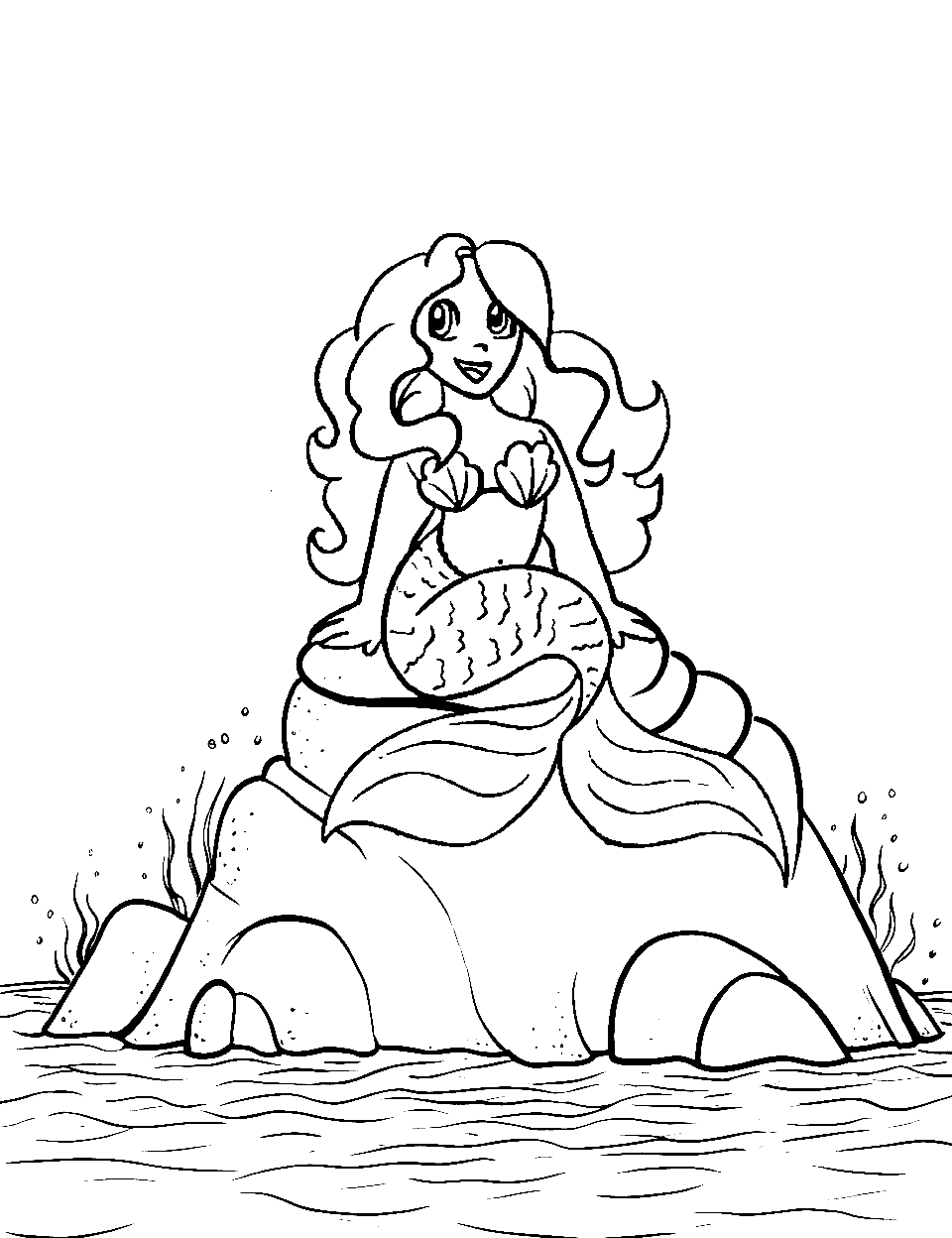 Mermaid Sitting on a Rock Ocean Coloring Page - A mermaid sitting on a rock, with the ocean around her.