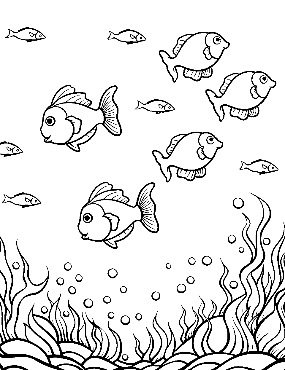 Coral Reef Exploration Ocean Coloring Page - A vibrant coral reef teeming with various types of corals and small fish.