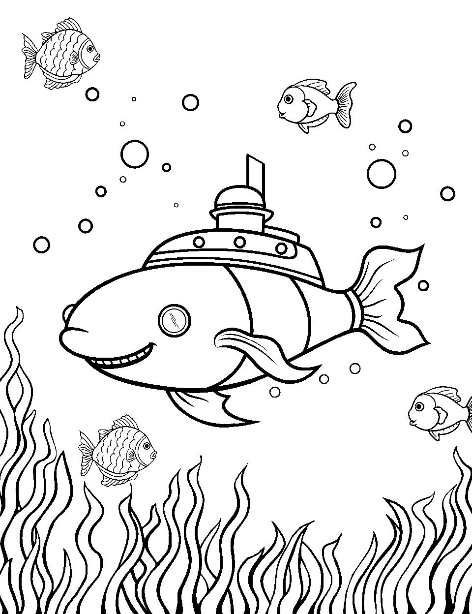 Ocean Research Submarine Coloring Page - A small research fish lookalike custom submarine exploring the ocean depths.