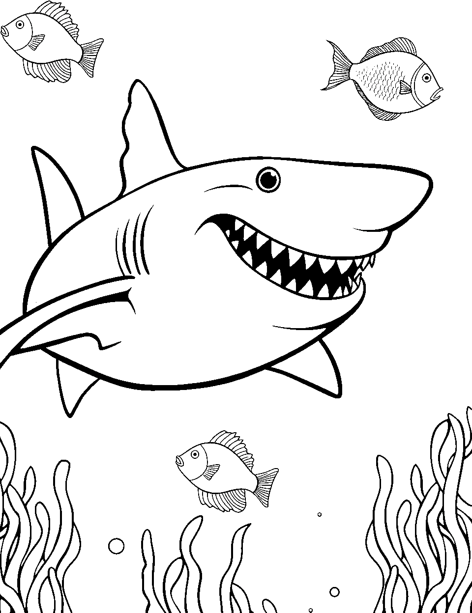 Fierce Shark Hunt Ocean Coloring Page - A shark with its mouth open, swimming through the ocean.