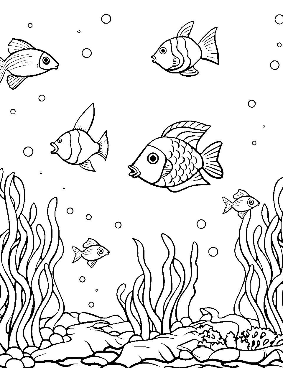 Tropical Fish Fiesta Ocean Coloring Page - Bunch of tropical fish among simple aquatic plants.