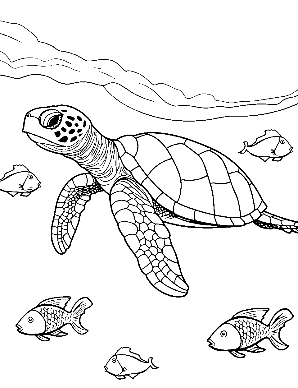 Graceful Sea Turtle Ocean Coloring Page - A sea turtle swimming near the surface of the water.