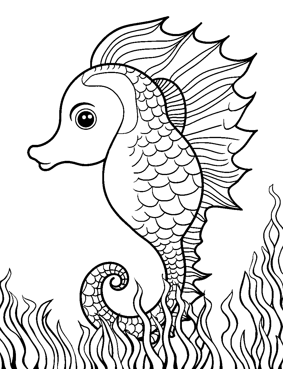 Seahorse in Seaweed Maze Ocean Coloring Page - A single seahorse is navigating through a patch of seaweed.