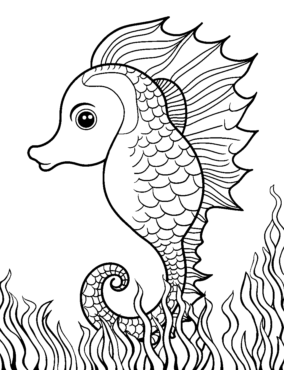 Seahorse in Seaweed Maze Ocean Coloring Page - A single seahorse navigating through a patch of seaweed.