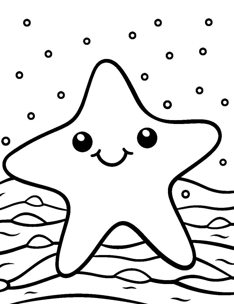 Kawaii Starfish on the Beach Ocean Coloring Page - A cute, kawaii cartoon-style starfish on a sandy beach.