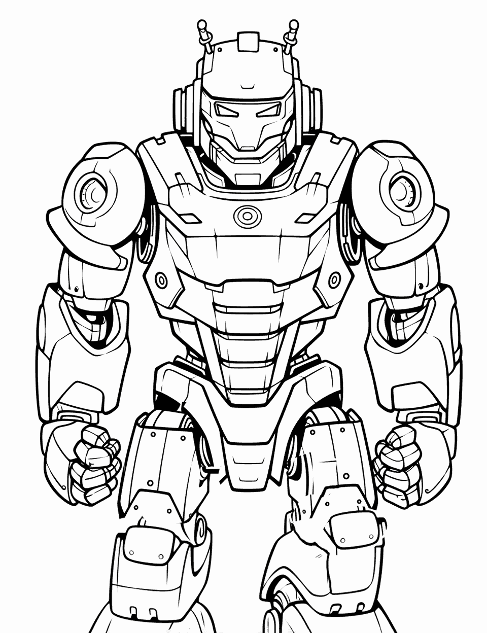Advanced Mech Warrior Robot Coloring Page - An advanced adult-friendly robot suited up with armor ready for battle.