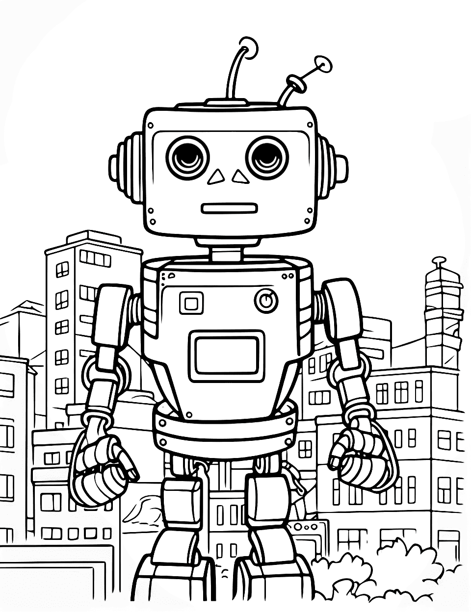 Cityscape Robot Helper Coloring Page - A robot helping with construction in a city.