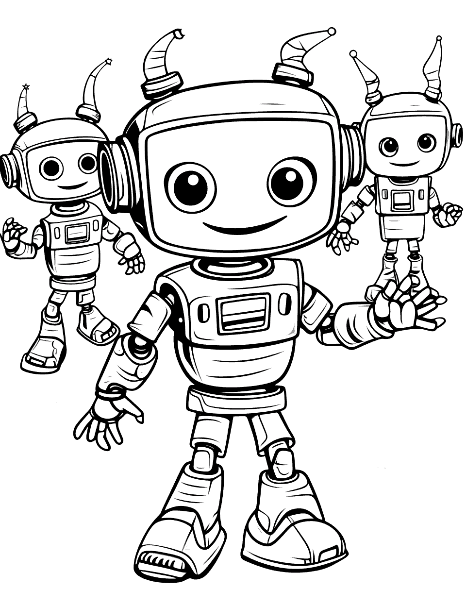Fun Robot Dance Party Coloring Page - A group of robots having a dance party.