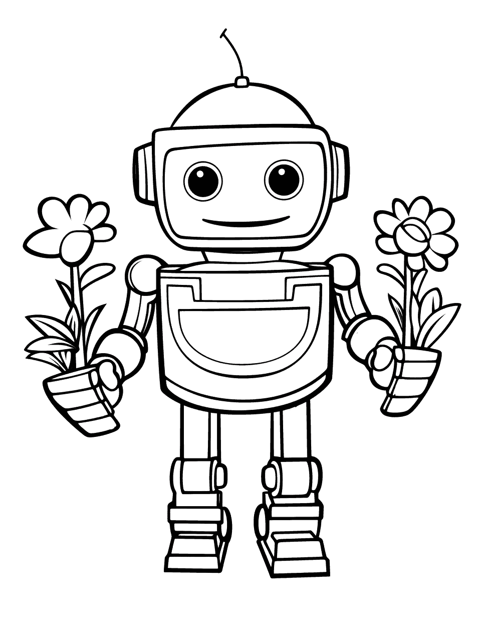 Gardening Robot with Flowers Coloring Page - A gardening robot with flowers in its hand, ready to plant.