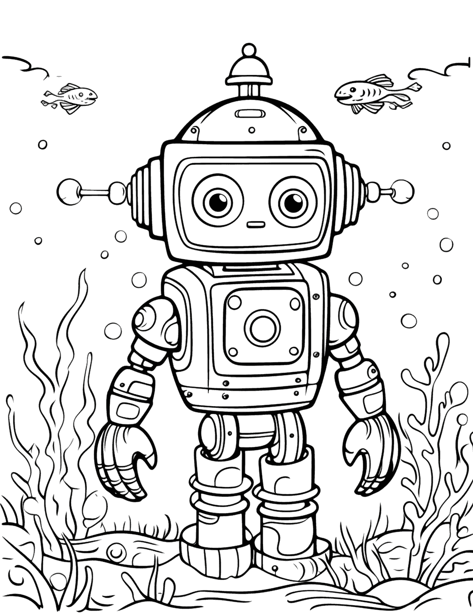 Underwater Robot Exploration Coloring Page - A robot exploring coral reefs underwater.