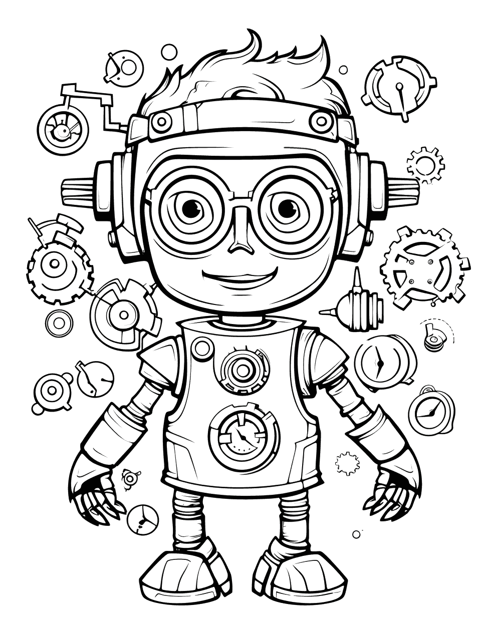 Time-Traveling Robot Adventure Coloring Page - A robot surrounded by clocks and gears.
