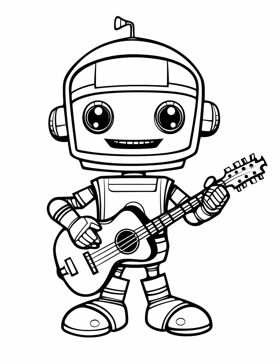 Musician Robot Playing Guitar Coloring Page - A robot strumming an acoustic guitar.