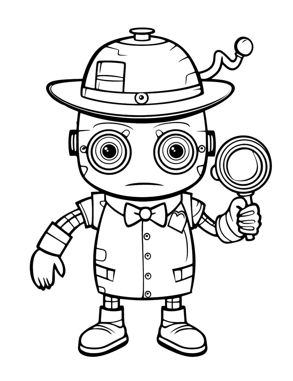 Detective Robot Solving a Mystery Coloring Page - A robot in a detective hat with a magnifying glass.