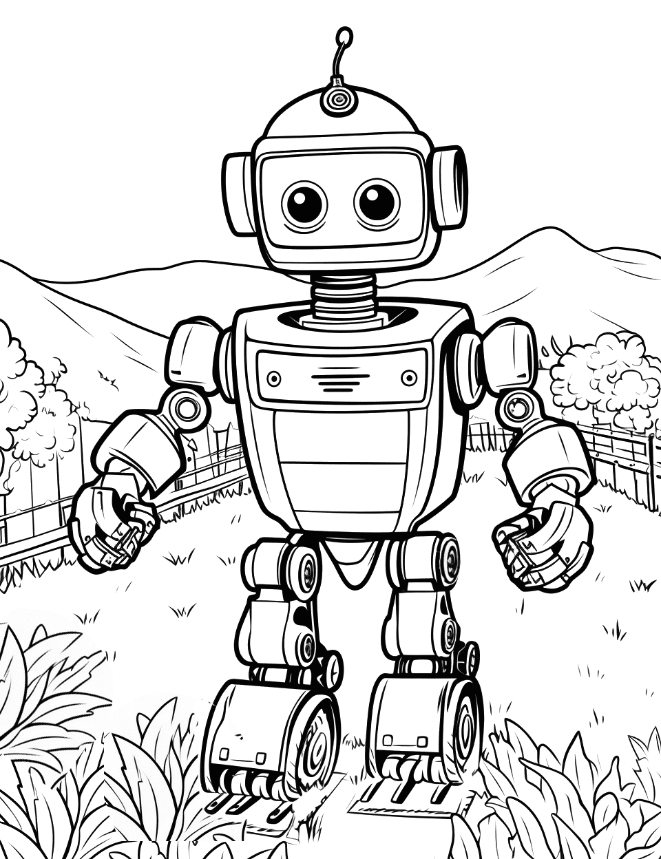 Robot Farmer in the Fields Coloring Page - A robot harvesting crops on a farm.