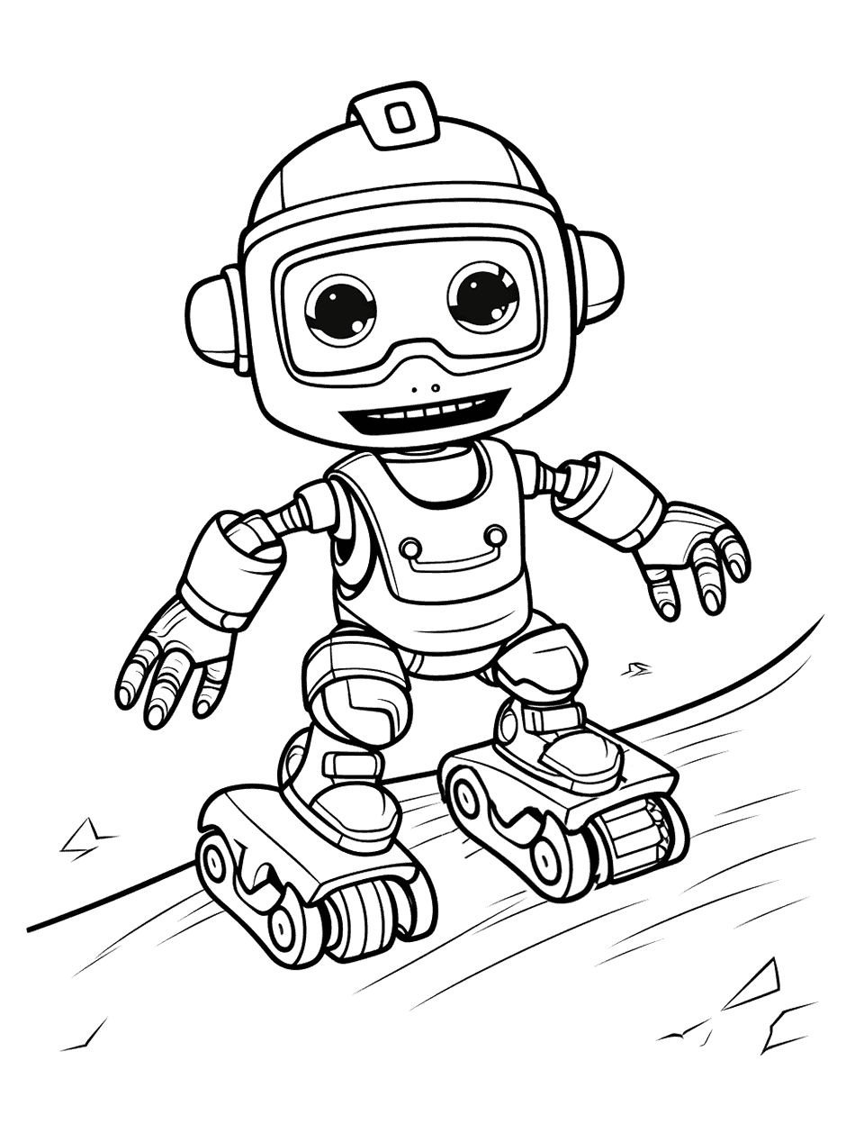 Snowskating Robot on a Slope Coloring Page - A robot snow-skating down a snowy hill.