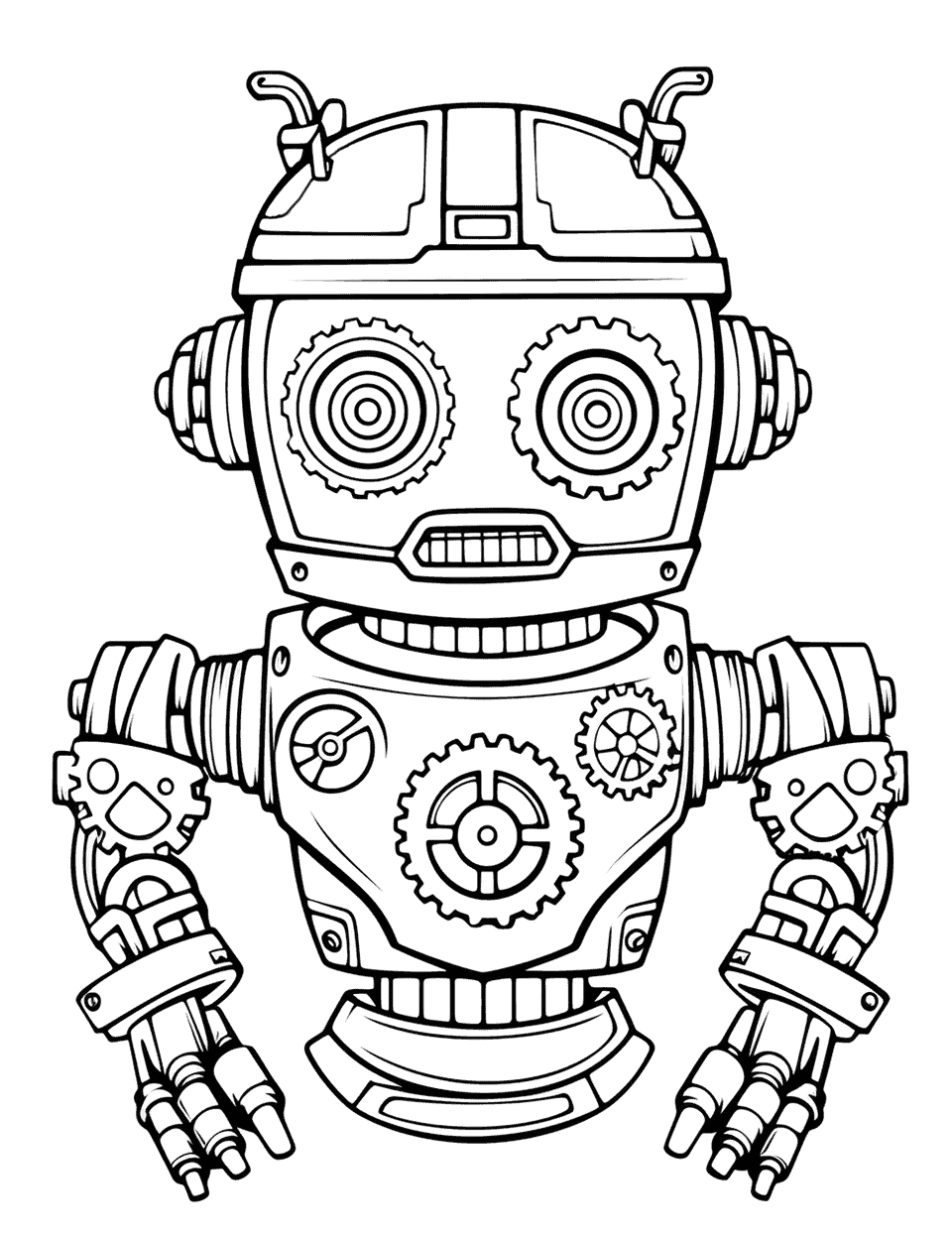 Steampunk Robot with Gears Coloring Page - A robot adorned with steampunk-style gears and pipes.