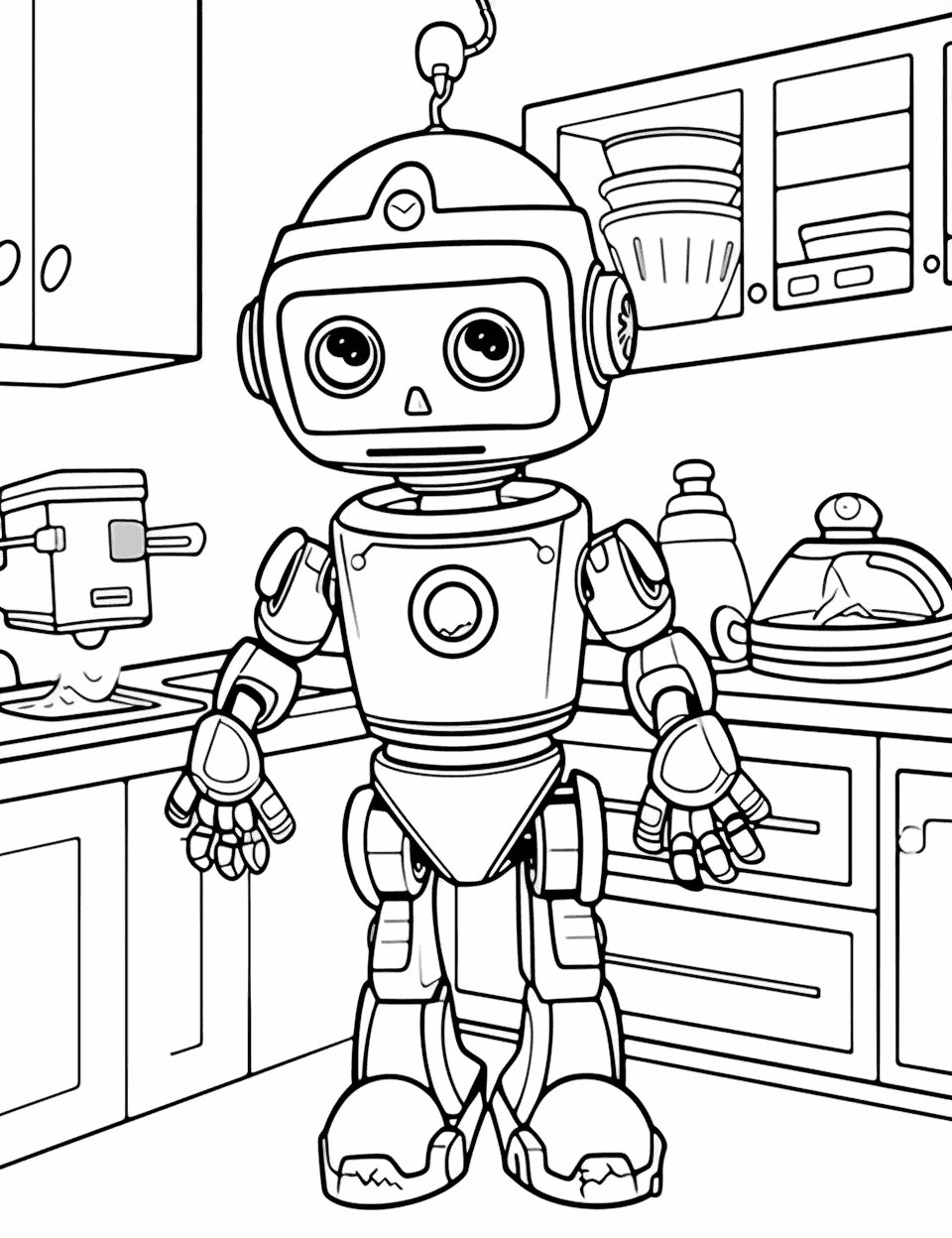 Chef Robot Cooking in a High-Tech Kitchen Coloring Page - A robot chef in a modern, high-tech kitchen.