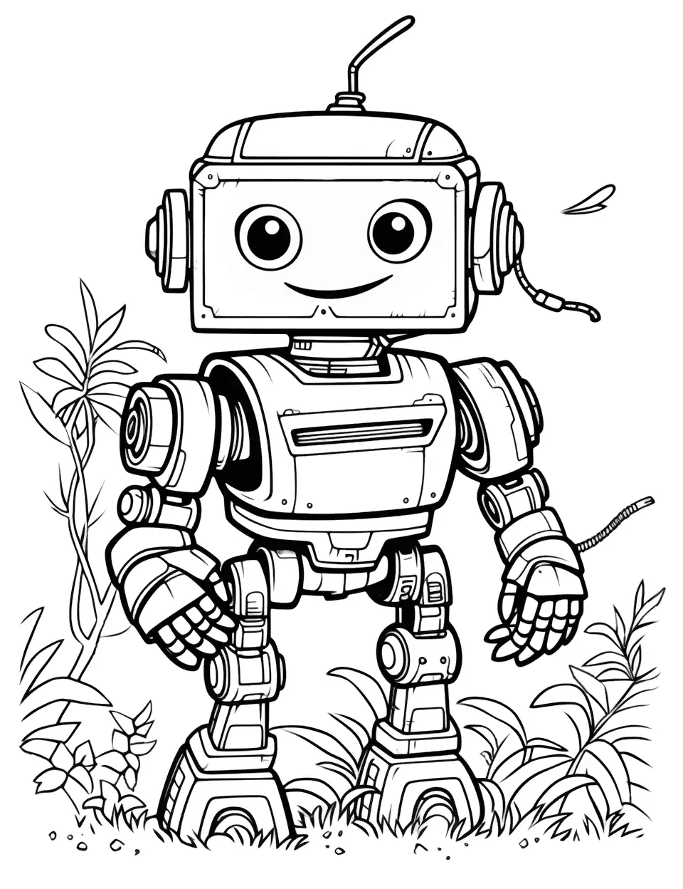 Jungle Explorer Robot Coloring Page - A robot exploring a lush jungle.