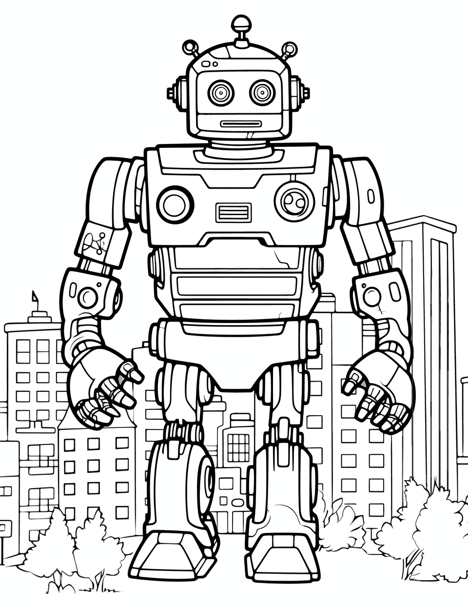 Giant Robot Guarding a City Coloring Page - A massive robot standing protectively in the city.