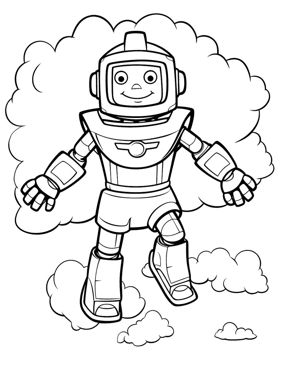 Superhero Robot Flying Coloring Page - A superhero robot soaring above the clouds.