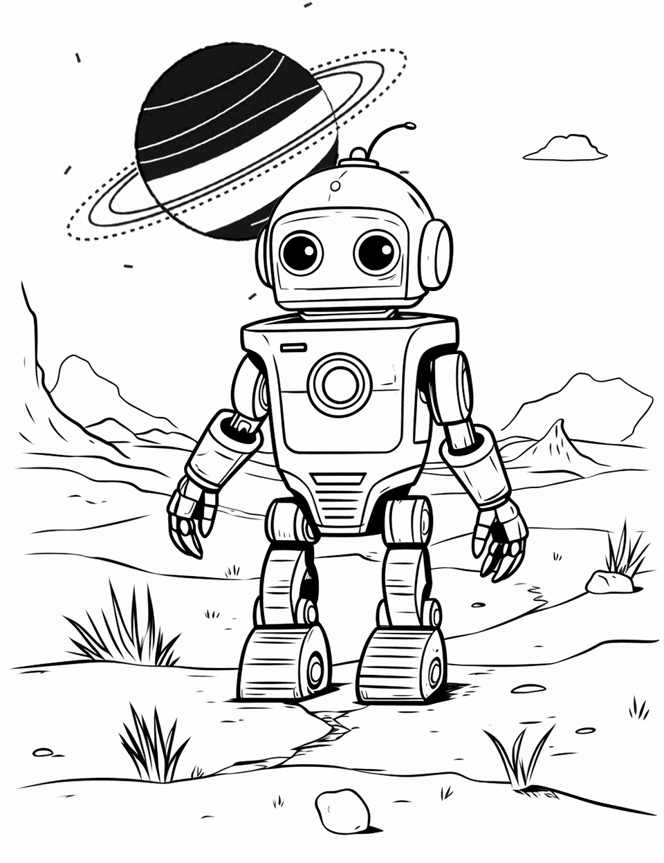 Sci-Fi Robot Explorer Coloring Page - A futuristic robot scanning a barren alien landscape.