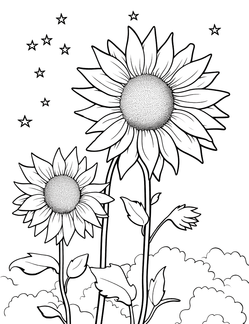 Sunflower and Stars Coloring Page - A nighttime scene with a sunflower under a starry sky.