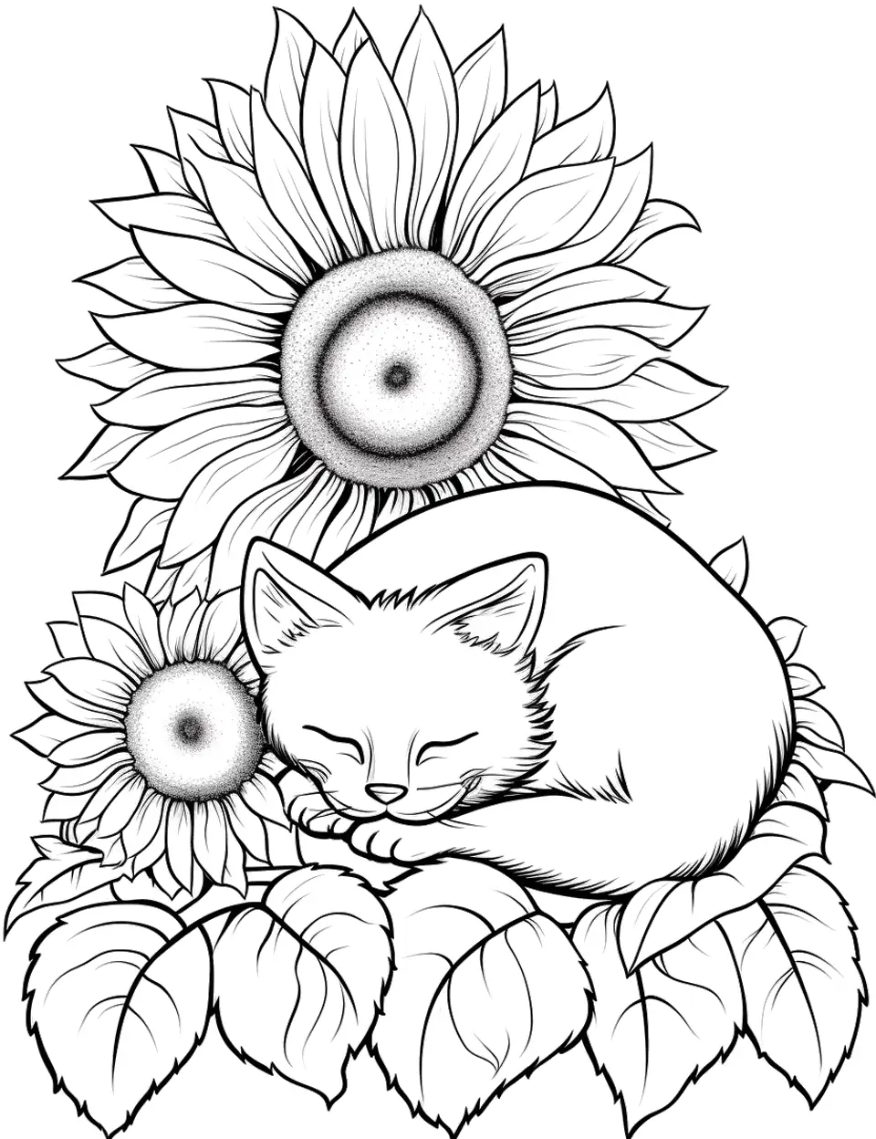 Cat Sleeping Under Sunflower Coloring Page - A cat napping peacefully under the shade of a sunflower.