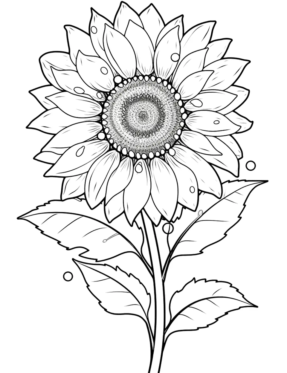 Sunflower with Dew Drops Coloring Page - A sunflower with spring morning dew drops on its petals.