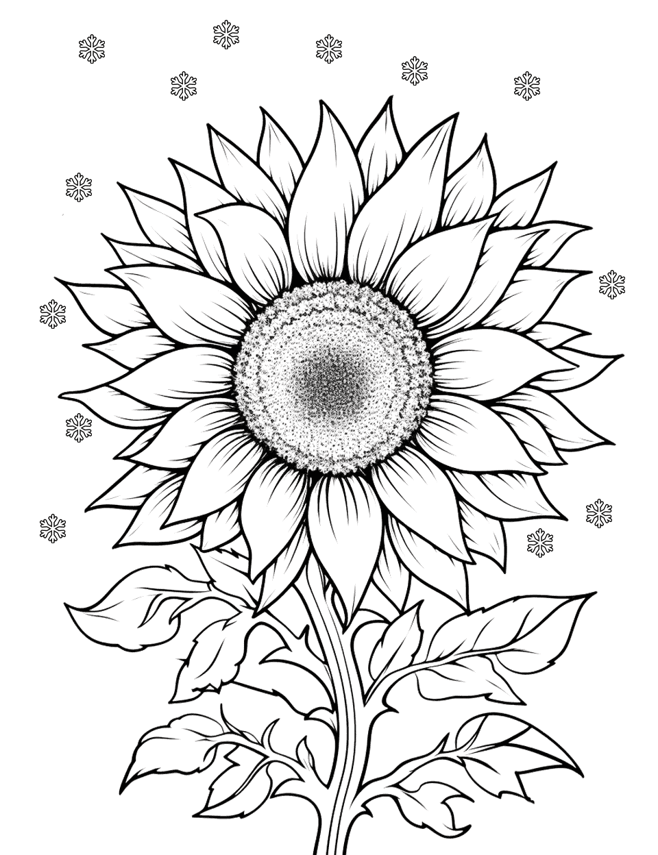 Sunflower and Snowflakes Coloring Page - A sunflower with gentle snowflakes falling around it.
