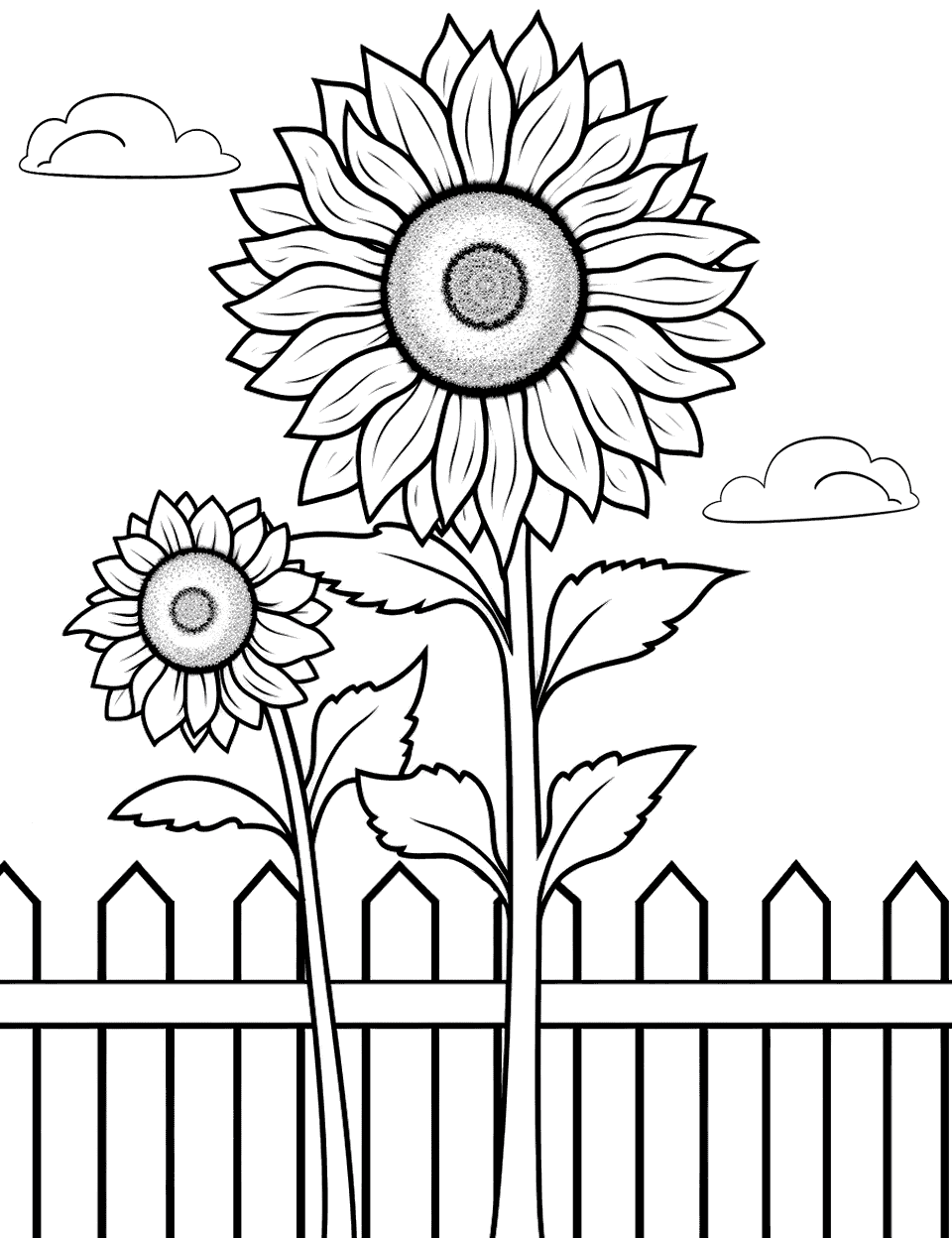 Sunflower and Picket Fence Coloring Page - A sunflowers growing beside a white picket fence.