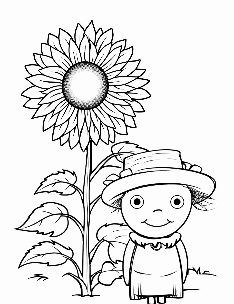 Sunflower and Scarecrow Coloring Page - A sunflower next to a friendly scarecrow.