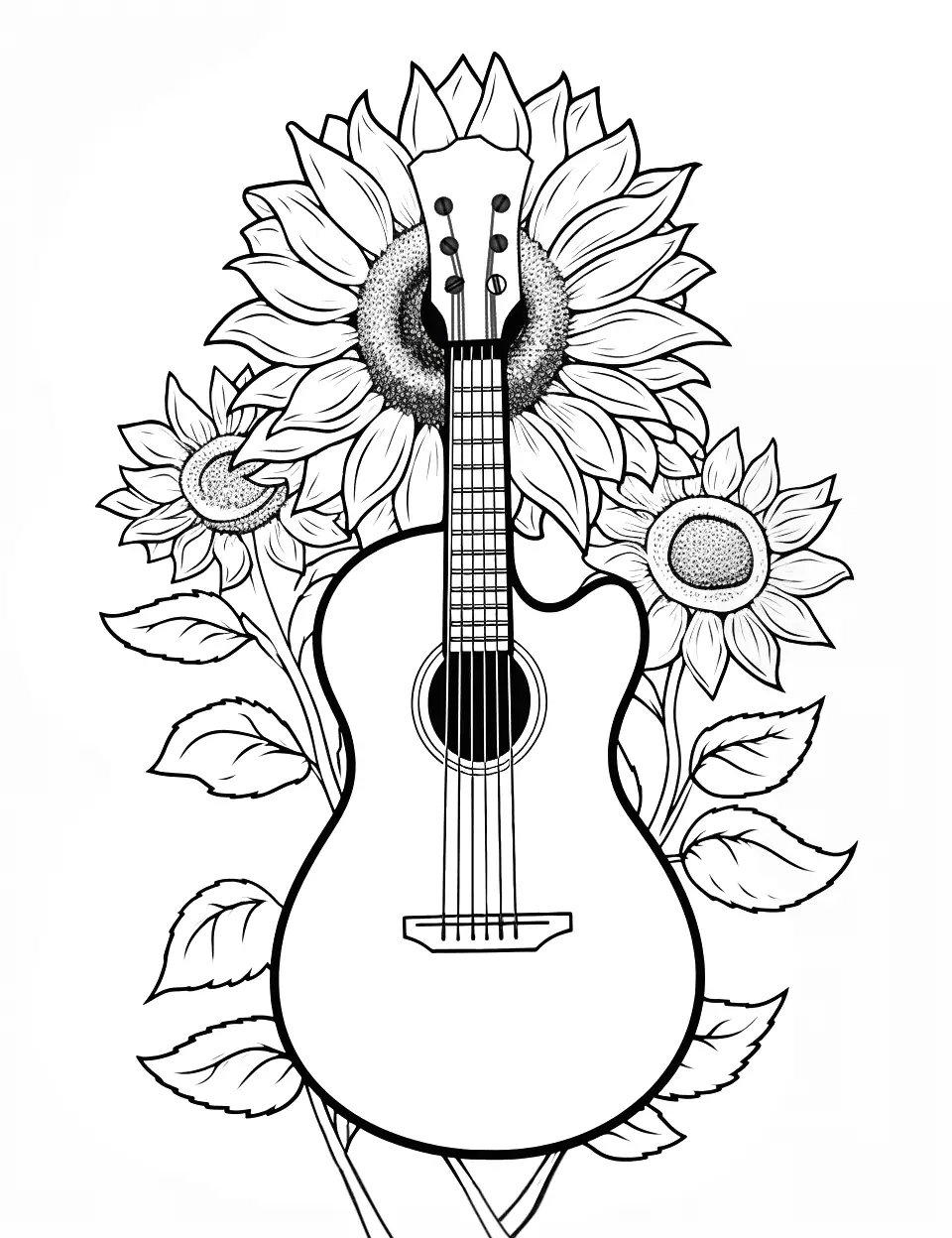 Sunflower and Guitar Coloring Page - An artsy design of sunflowers behind an acoustic guitar.