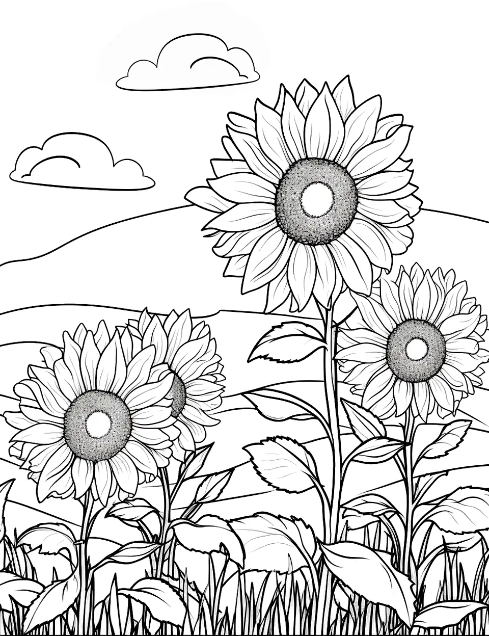 Sunflower Field at Sunrise Coloring Page - A field of sunflowers at sunrise with clouds and rolling hills in the distance.
