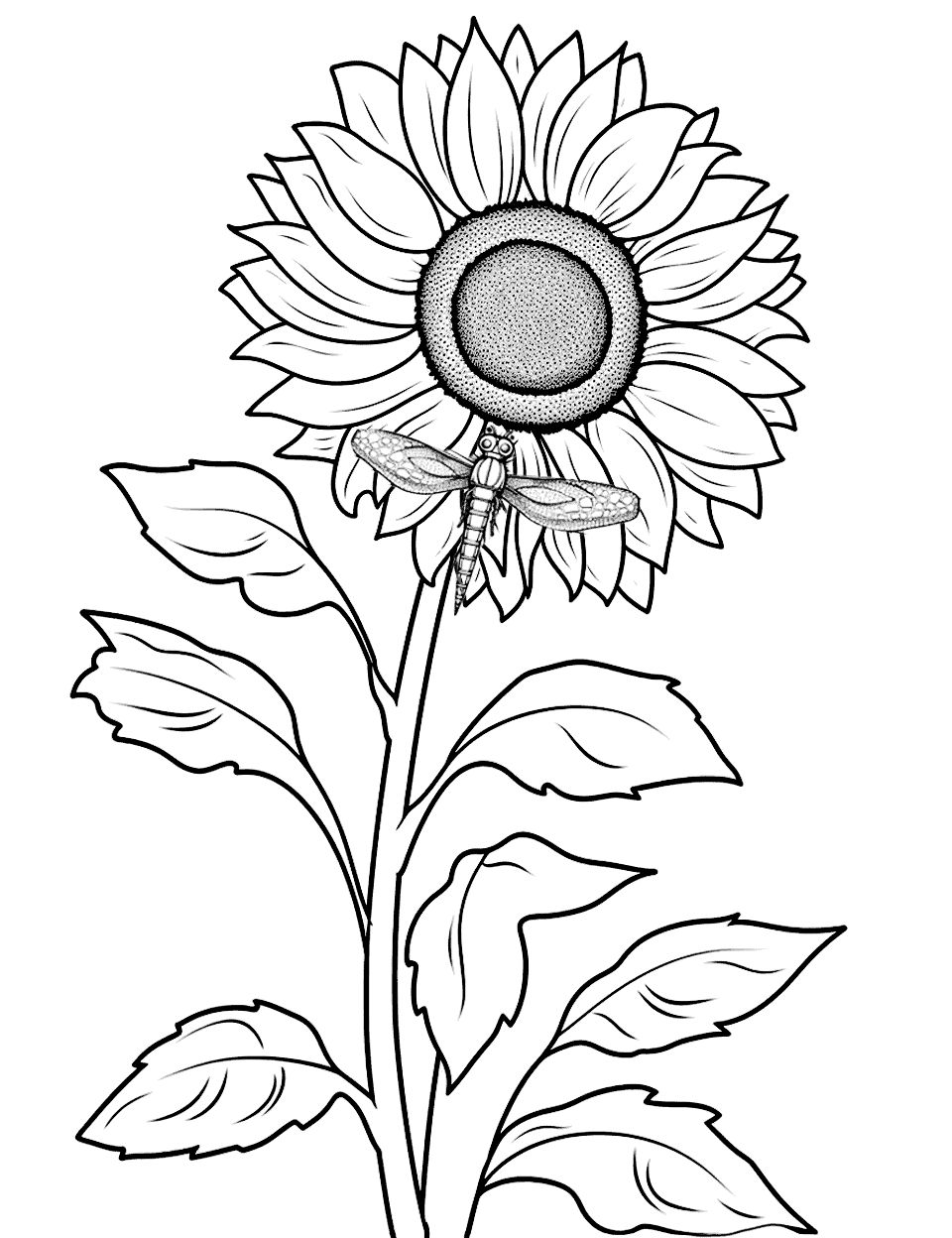 Dragonfly On a Sunflower Coloring Page - A dragonfly hovering on the head of a sunflower.