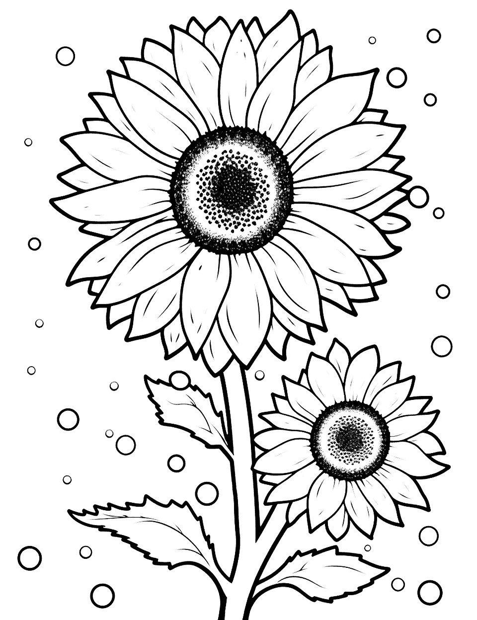 Sunflower and Bubbles Coloring Page - A sunflower with bubbles floating around it.