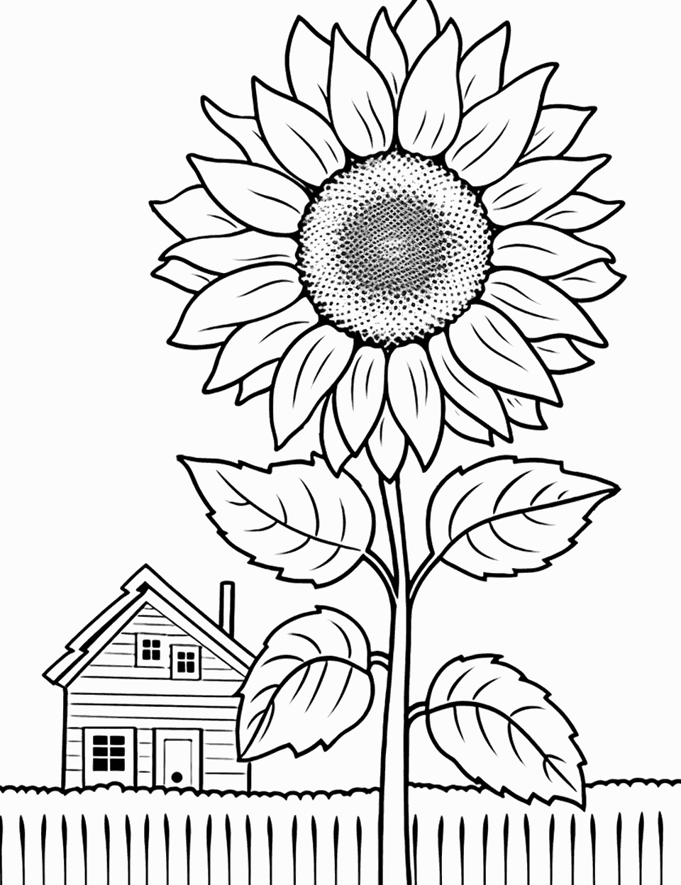 Sunflower and Farmhouse Coloring Page - A sunflower with a farmhouse in the distance.
