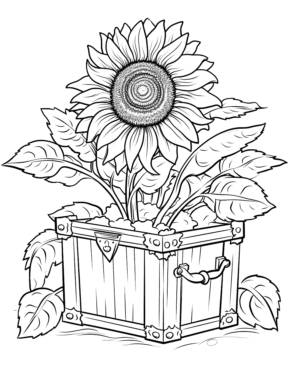 Treasure Chest Sunflower Coloring Page - A sunflower in a small treasure chest.