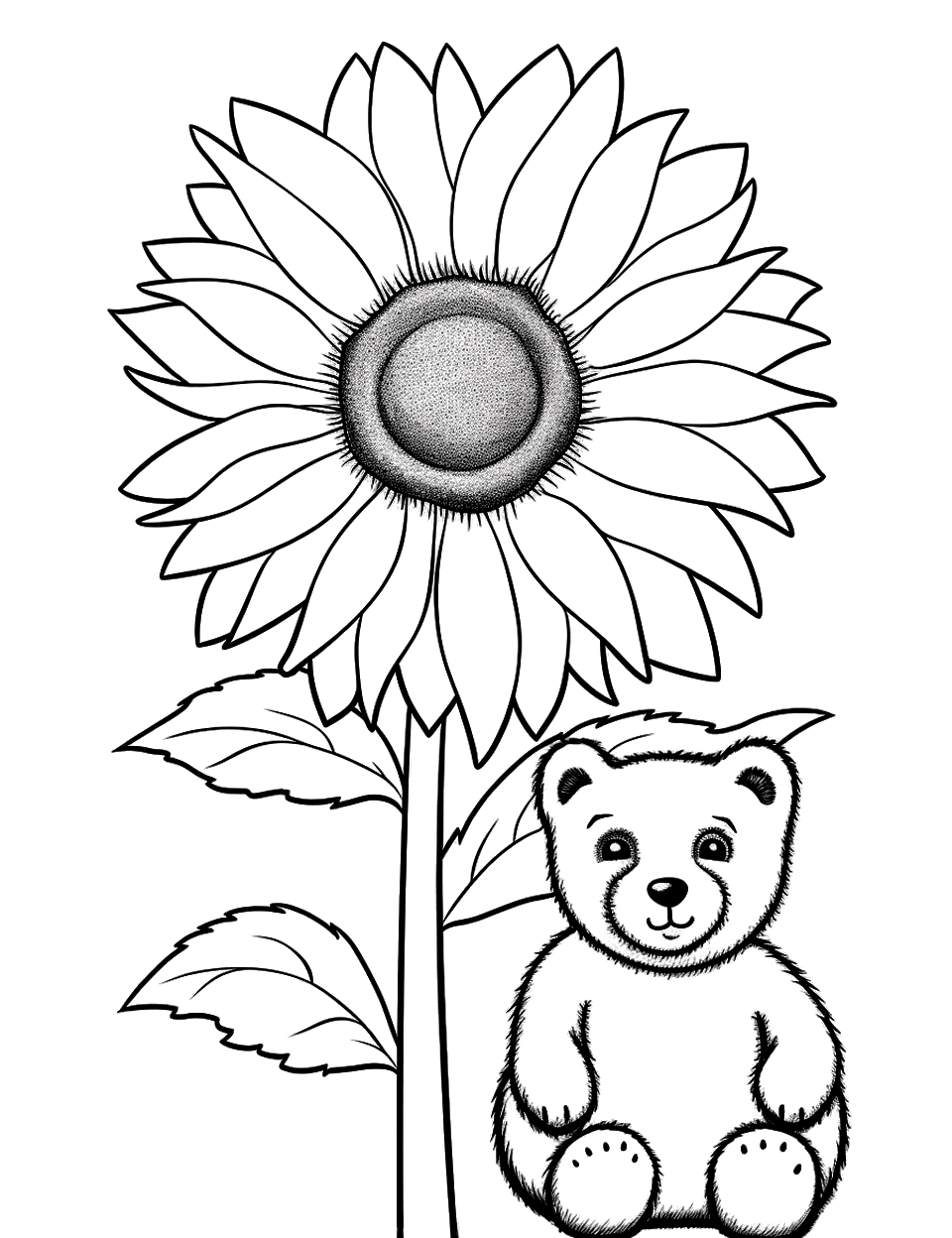 Sunflower and Teddy Bear Coloring Page - A sunflower with a teddy bear sitting beside it.