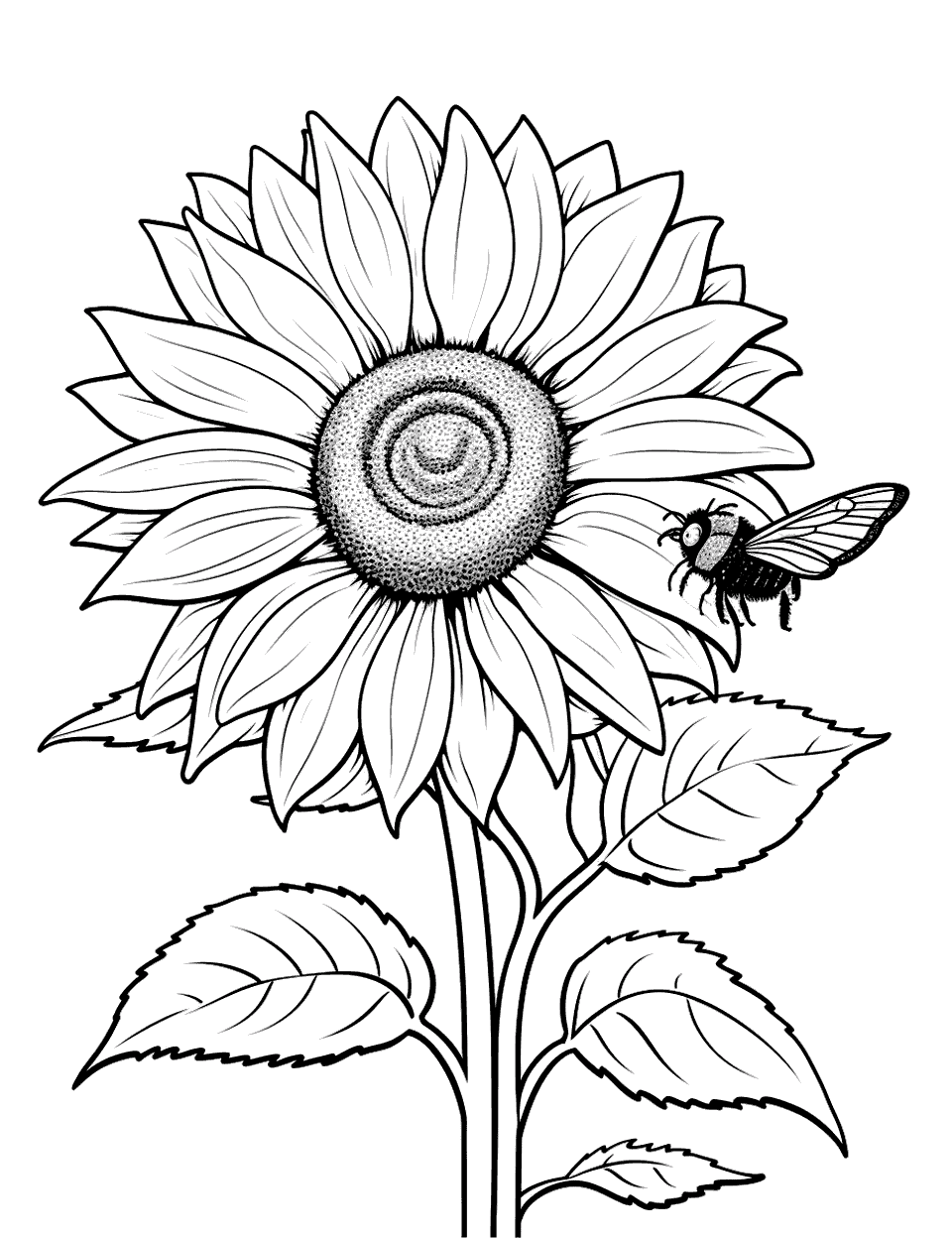 Bee Buzzing Around Sunflower Coloring Page - A bee flying near a sunflower, collecting pollen.