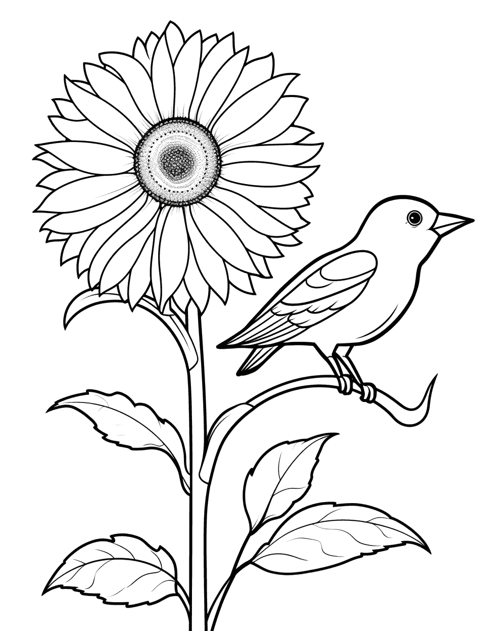 Sunflower and Bird Coloring Page - A small bird sitting on the sunflower.