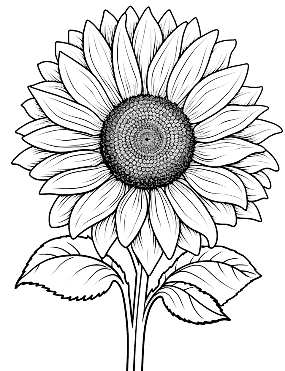 Realistic Sunflower Portrait Coloring Page - A close-up of a sunflower, focusing on its detailed structure.