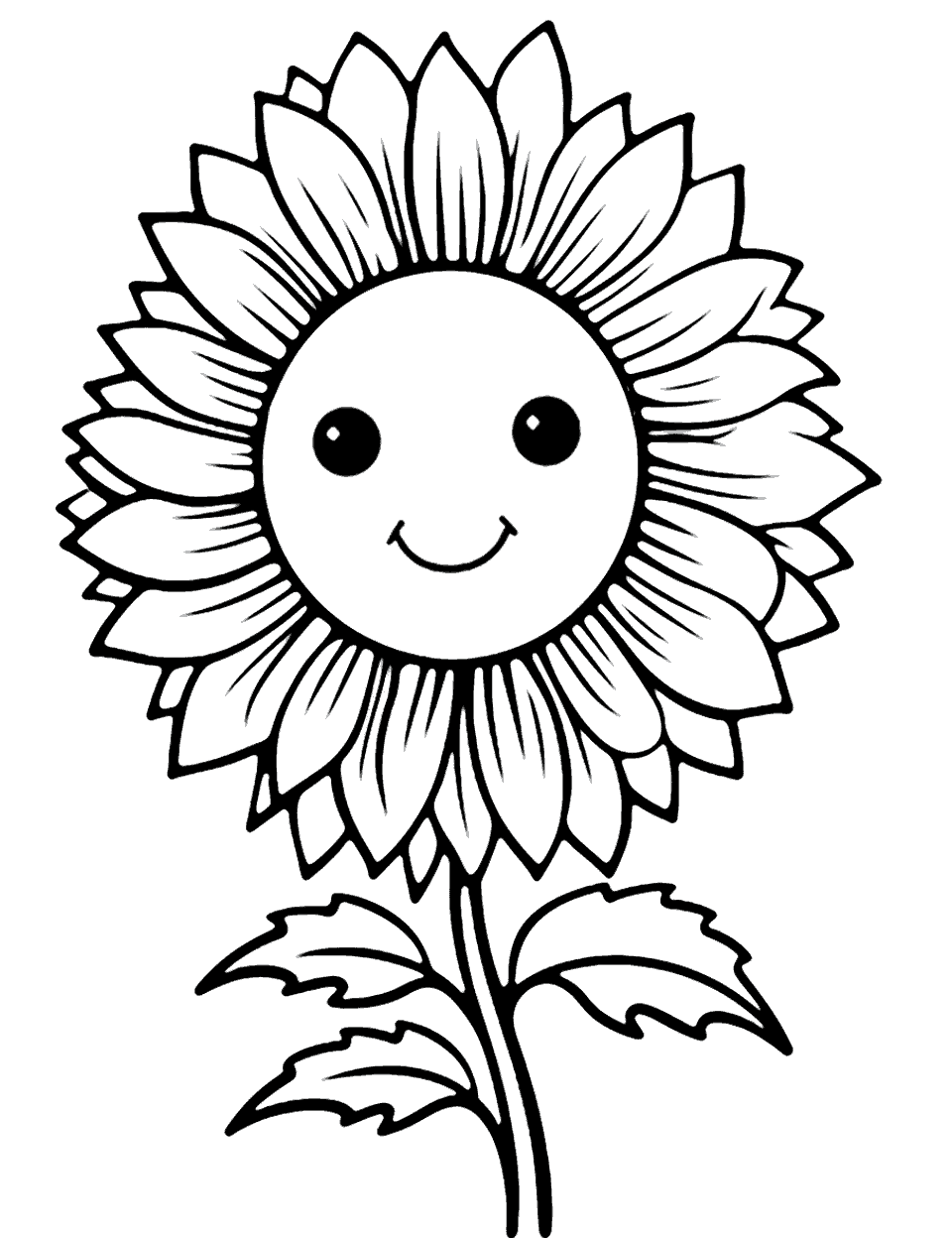 Cute Cartoon Sunflower Coloring Page - A whimsical, cute cartoon-style sunflower with a happy face.