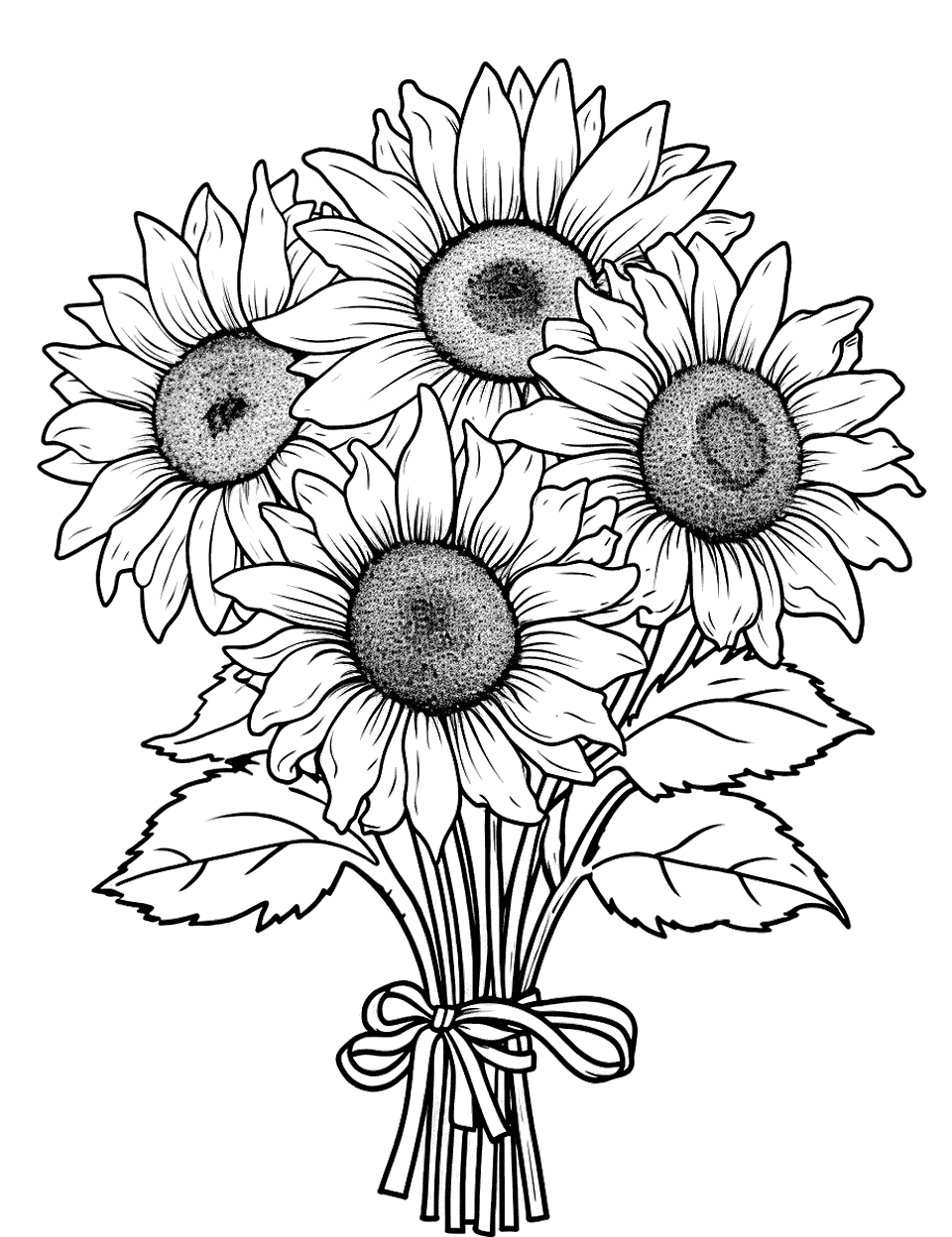 Sunflower Bouquet Coloring Page - A bouquet of sunflowers tied together with a ribbon.