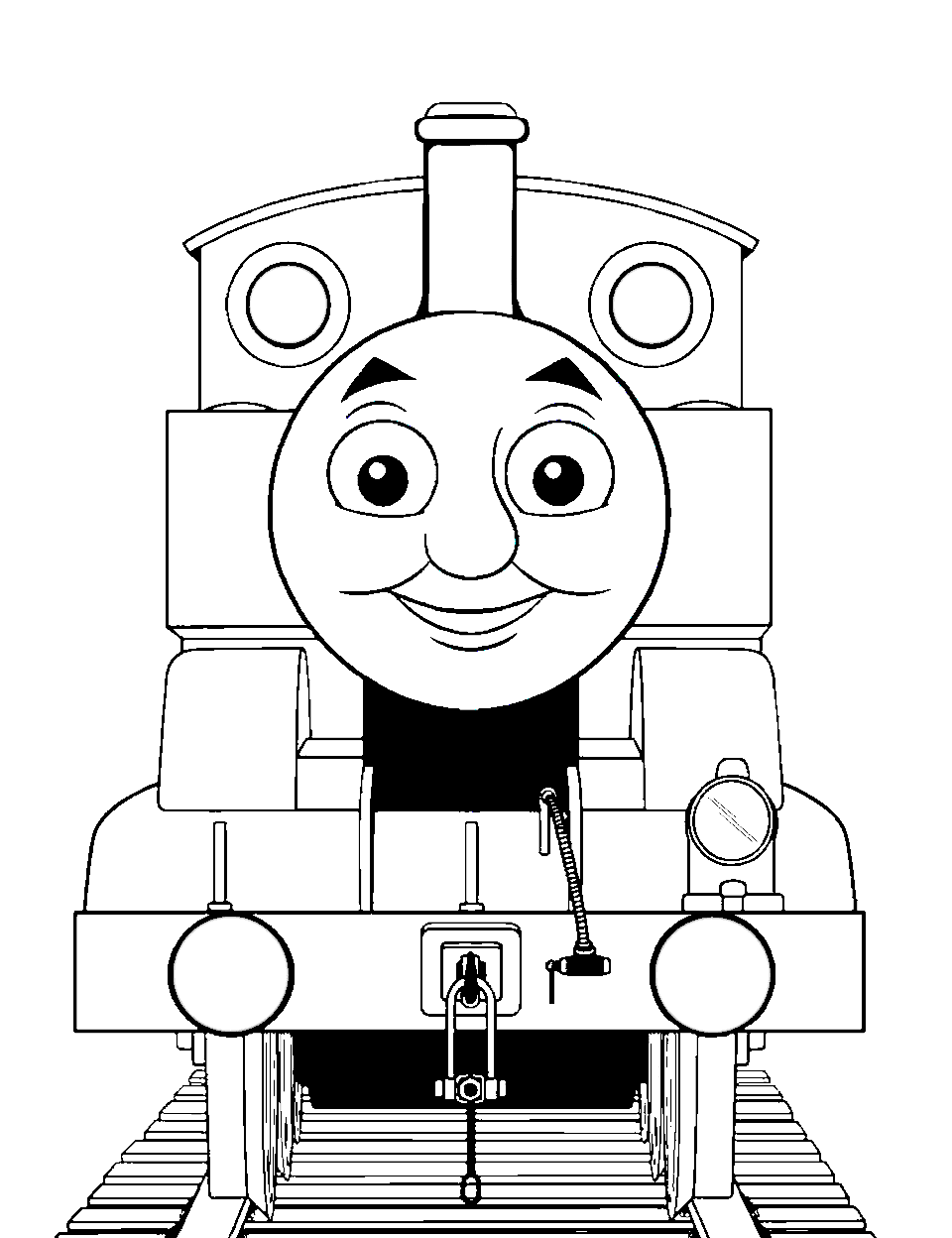 Thomas the Tank Engine Coloring Page - Thomas, a blue steam locomotive, smiling on the tracks.