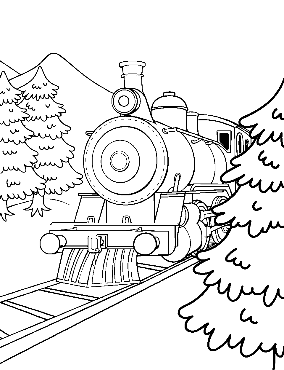 Polar Express in the Snow Coloring Page - The Polar Express train journeying through a snowy landscape.
