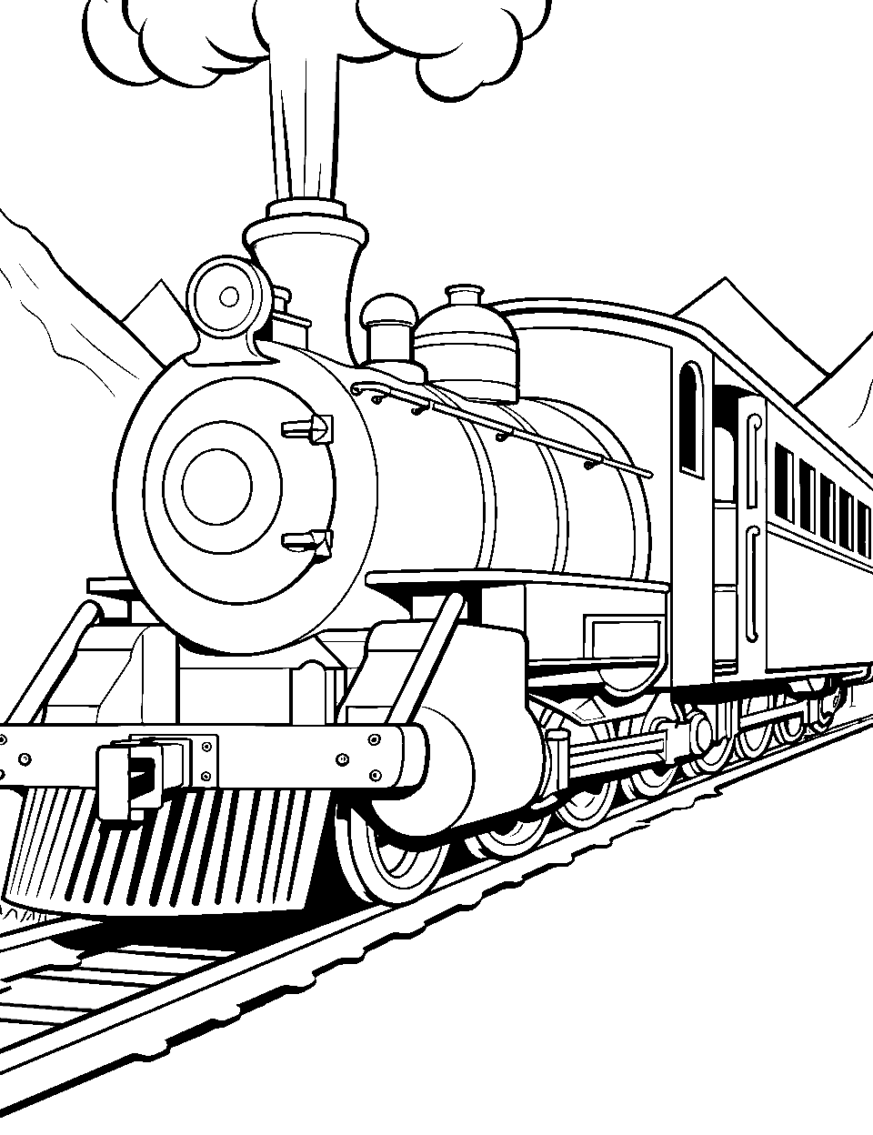 Choo Train in the Mountains Coloring Page - An old-fashioned steam train chugging through the mountains.