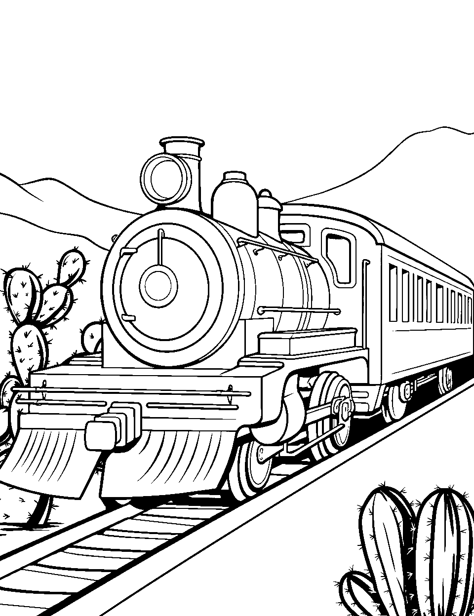 Train in Desert Coloring Page - A steam engine train cruising through the desert.